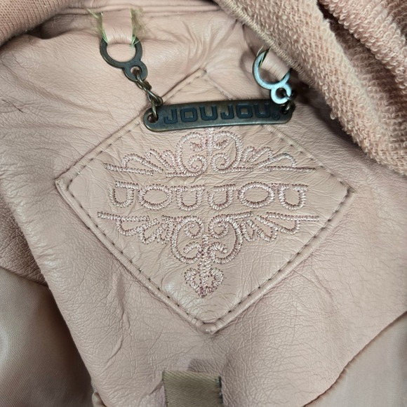 JouJou Faux Leather Moto Jacket Hooded Zip Up Pockets Pink Womens Biker Elegance - Picture 5 of 10